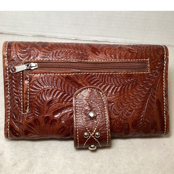 American West Genuine Leather Western Tooled Wallet Brown Snap Closure - Picture 12 of 16
